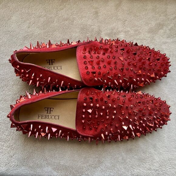 Ferucci Red Spike Rivet Flat Slip On Loafers Men 13 Art To Wear Slipper Bling - Picture 7 of 15